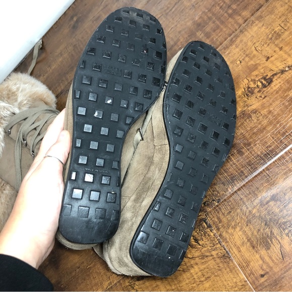 Stuart Weitzman Beige Y2K Suede Fur Trim Lace Up Troll Winter wedge Boots - Picture 7 of 9